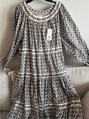 Tory Burch Brown and Mustard Floral Border Tiered Dress